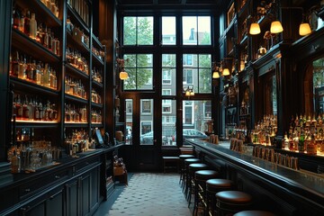 Luxurious Dark Wood Bar Interior with City View
