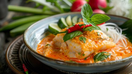 A beautifully plated dish of Khanom Jeen Nam Ya (rice noodles with fish curry) on an enamel plate with vegetables