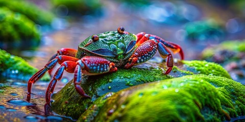 A vibrant crab with a green carapace and red limbs perched on a mossy rock, glistening with water droplets, against a blurred backdrop of greenery.