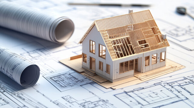detailed architectural model of house sits on blueprints, showcasing construction plans and rolled up drawings. This captures essence of home design and planning