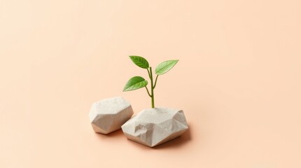 A small plant growing between two abstract rocks on a soft background.