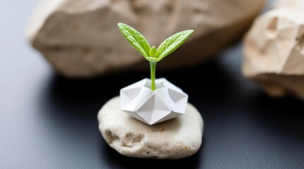 A small plant sprouting from a geometric white base on a stone, symbolizing growth and resilience.