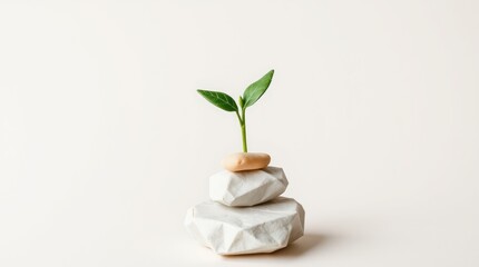 A small plant grows on stacked white stones, symbolizing growth and resilience.