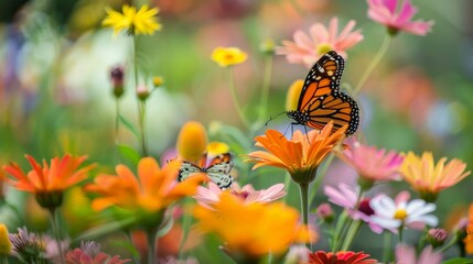 A butterfly garden with a variety of colorful flowers attracting butterflies