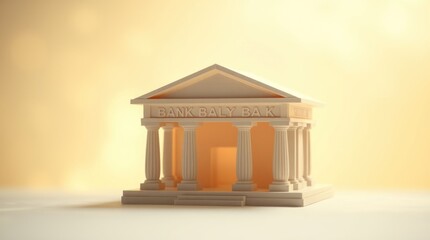 A stylized 3D representation of a classical bank building with columns and an entrance.