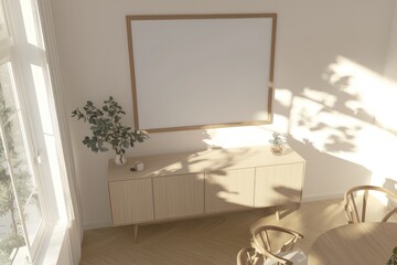 Clean minimalist dining space featuring light oak sideboard and large poster frame.
