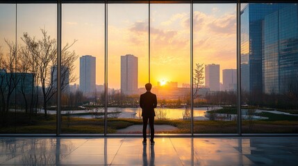 Fototapeta premium A silhouette of a person gazing at a sunset through large glass windows.