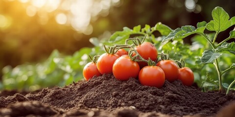 Fresh Red Tomatoes Resting Beautifully on a Rich Soil Mound in a Lush Garden Under Warm Sunlight
