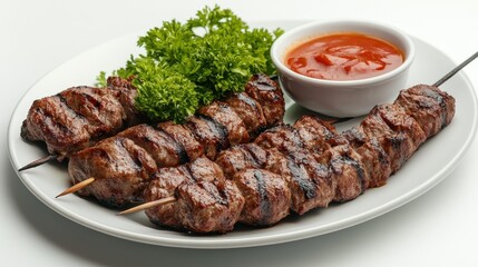 Grilled Kebab Skewers with Dipping Sauce and Greens