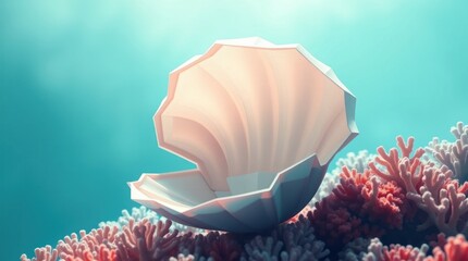 A stylized clam shell resting on vibrant coral under soft underwater lighting.