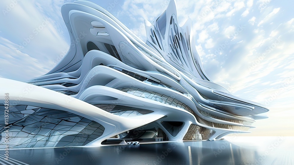 Poster a futuristic skyscraper with unique architectural design and sharp edges.