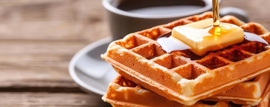 A delicious stack of waffles drizzled with syrup and topped with a pat of butter, accompanied by a cup of coffee.