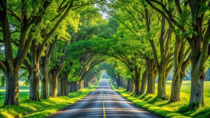 Summer country road lined with lush green trees , rural, scenic, countryside, nature, trees, foliage, summer, sunny