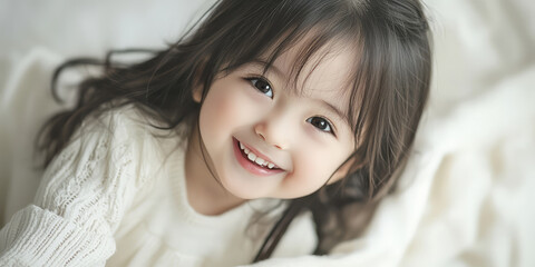 A portrait of happy smiling little girl, white background, soft lighting, generative AI