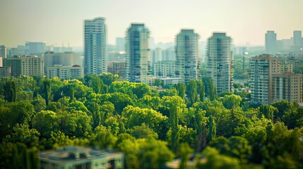 Fototapeta premium A soft-focus urban background with skyscrapers and trees.