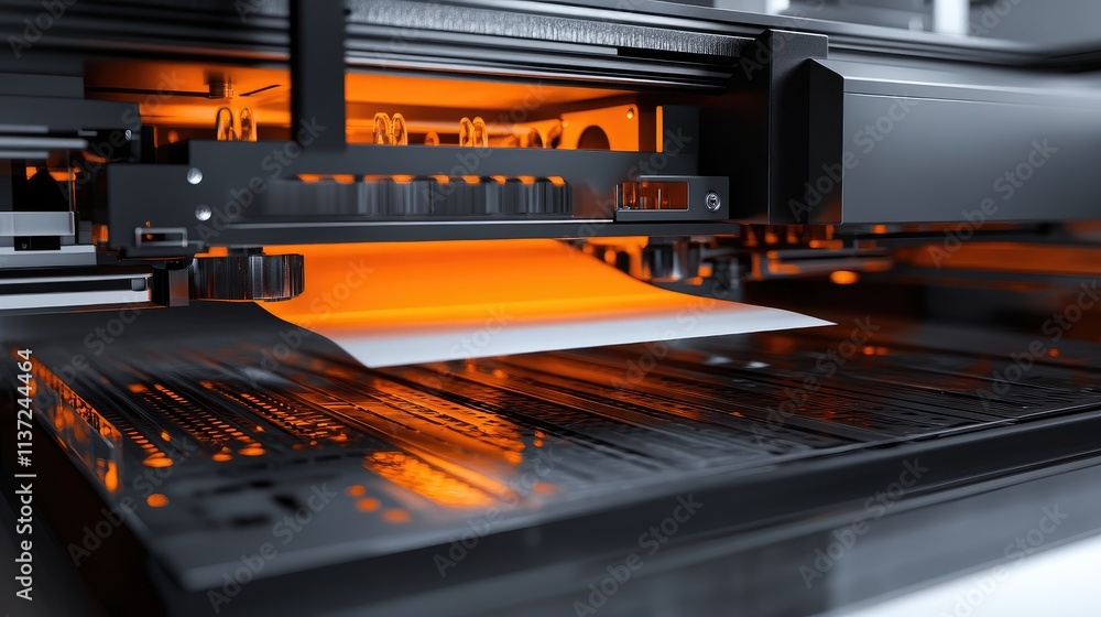 Poster a zoomed-in view of a multi-functional printer with paper emerging from the output tray