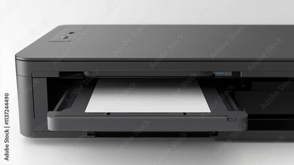 Poster a zoomed-in view of a multi-functional printer with paper emerging from the output tray