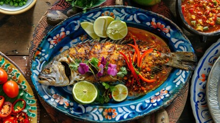 Fototapeta premium A colorful dish of Jaew Bong (spicy chili paste) served on an enamel plate with grilled vegetables