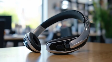 Close-up of a conference call headset lying on an office desk ready for use