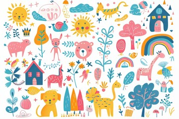 Obraz premium Colorful whimsical illustration featuring animals, plants, and houses.