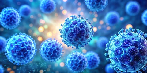 Microscopic blue cancer cells in a bokeh light background, cells, cancer, microscopic, blue, disease, health, medical