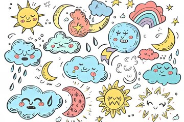 Colorful hand-drawn weather elements featuring cheerful sun, moon, and clouds.
