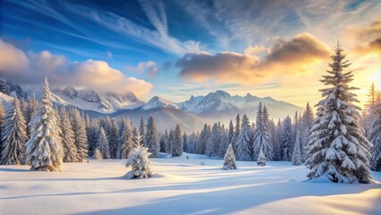 Winter snowy landscape with snow-covered trees, mountains, and a serene atmosphere, Winter, Snow, Landscape, Trees, Mountains, Cold