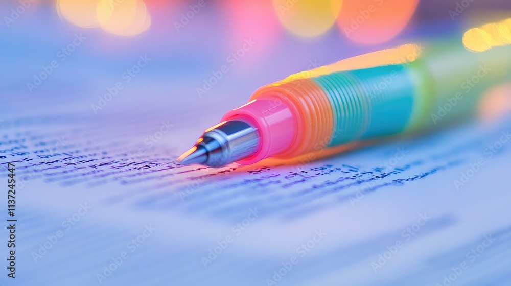 Poster close-up of a highlighter pen uncapped, lying beside a document with highlighted text