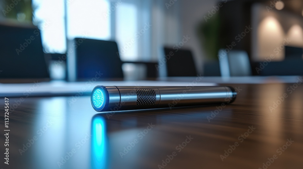 Poster close-up of a laser pointer resting on a meeting table, ready for a presentation