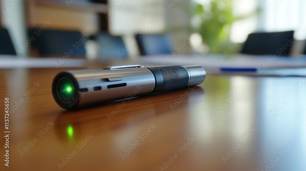 Poster close-up of a laser pointer resting on a meeting table, ready for a presentation