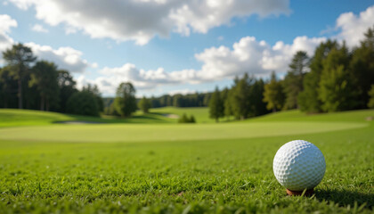 Close-up of golf ball on lush green course with scenic landscape and blue sky