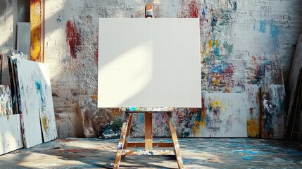 Creating art on a blank canvas for mockup in a paint-splattered artist studio