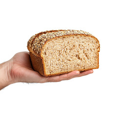 A hand holding a Whole wheat bread loaf, isolated on a white background, showcasing its hearty and dense texture. PNG