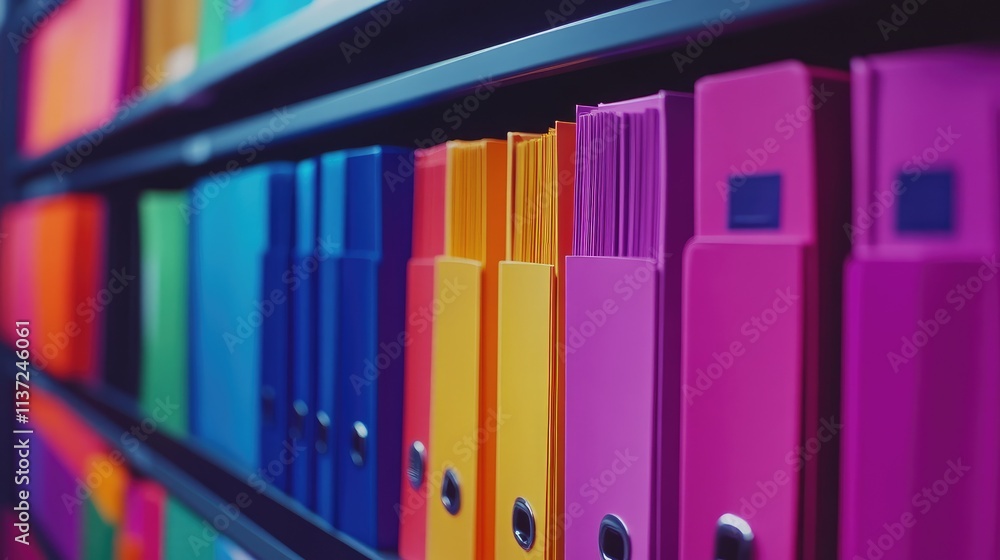 Poster close-up of a neatly labeled folder stack on an office shelf in vibrant colors