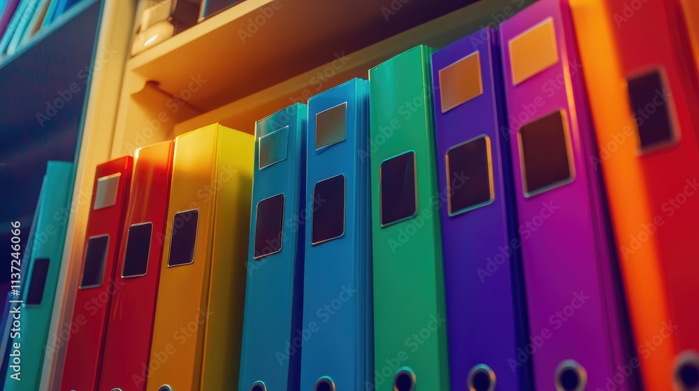 Poster close-up of a neatly labeled folder stack on an office shelf in vibrant colors