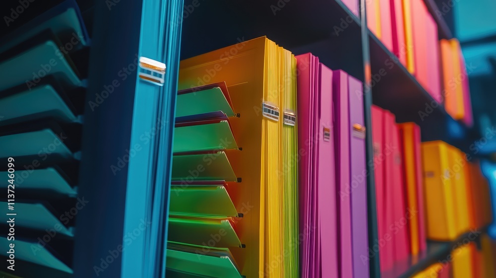 Poster close-up of a neatly labeled folder stack on an office shelf in vibrant colors
