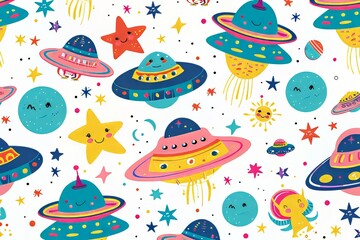 Colorful and playful space-themed illustration featuring smiling planets and UFOs.