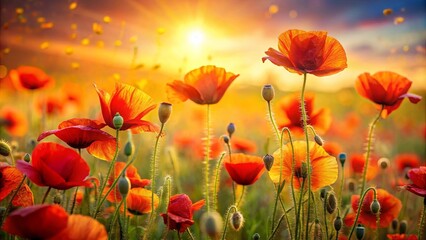Fototapeta premium A Field of Scarlet Poppies Bathed in the Golden Hues of a Setting Sun, with Delicate Petals Unfurling and Seeds Drifting in the Warm Breeze