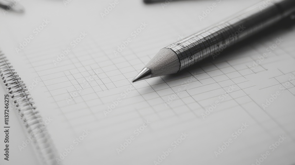 Poster close-up of a notepad with graph paper design and a sharp mechanical pencil lying on top