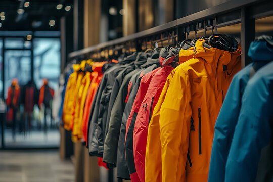 Vibrant ski jackets on display in a contemporary sports apparel shop, perfect for winter sports fans
