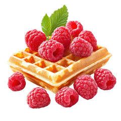 Isolated waffle with raspberries on a clean white background, classic presentation. PNG