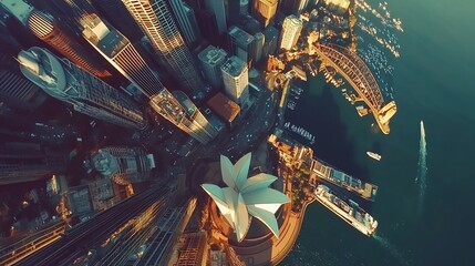 Naklejka premium Sydney Cityscape: Aerial View of Iconic Architecture and Harbour at Sunset