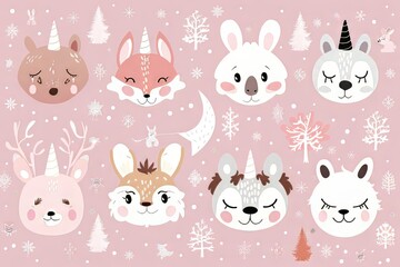 Playful illustration of cute animal faces on a soft pink background.