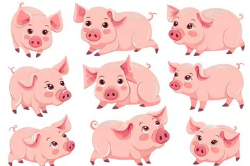 Colorful cartoon pigs in various playful poses with charming expressions.