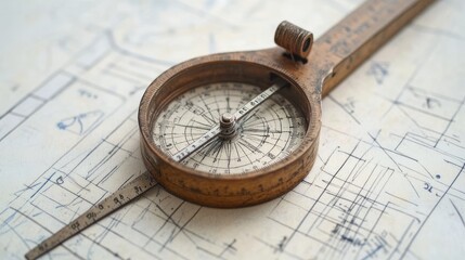 Close-up of a ruler and compass placed on a drafting sheet with diagrams