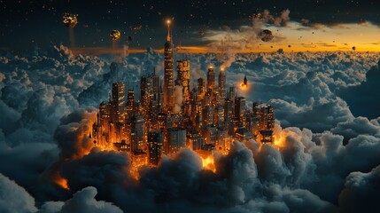 Obraz premium Radiant celestial city floating above the clouds a stunning visualization of golden light and architectural marvels in a dreamlike environment