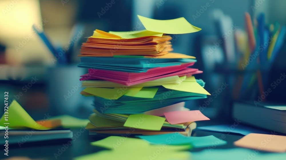 Poster close-up of a stack of sticky notes in various vibrant colors on a desk