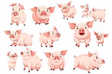 Obraz premium Playful cartoon pigs in various poses and expressions, cheerful and adorable.