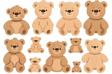 Adorable collection of cute cartoon teddy bears in various sizes and poses.