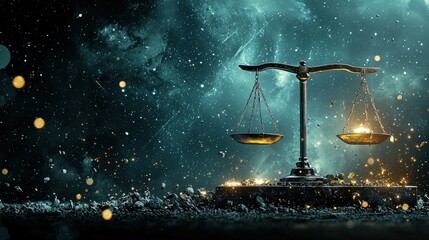 Illuminating divine equilibrium glowing scales representing justice in a cosmic setting digital art ethereal environment symbolizing balance